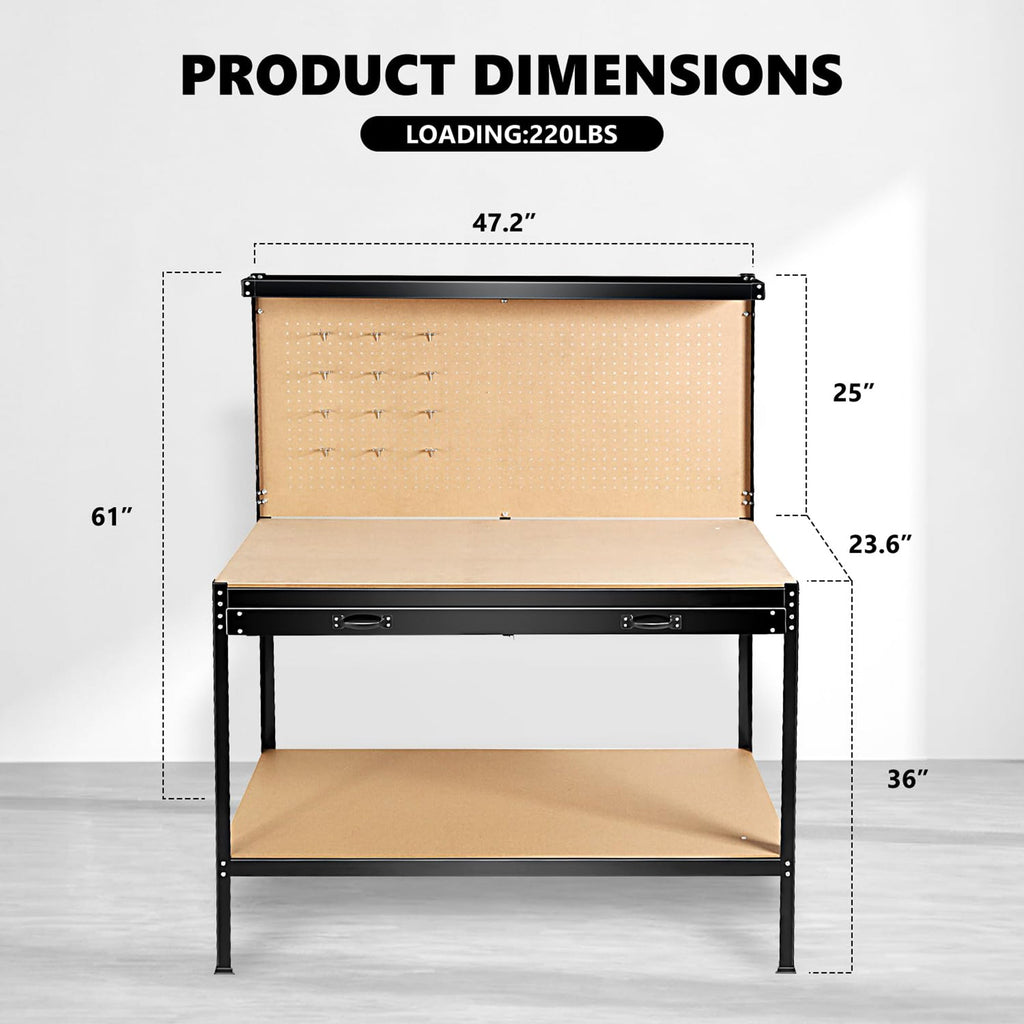 63" Workshop Tool Cabinet & Workbench | Drawers & Pegboard Storage