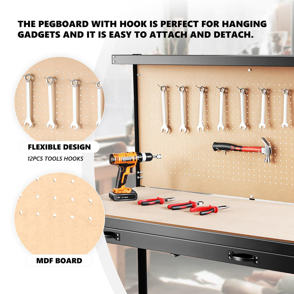 63" Workshop Tool Cabinet & Workbench | Drawers & Pegboard Storage