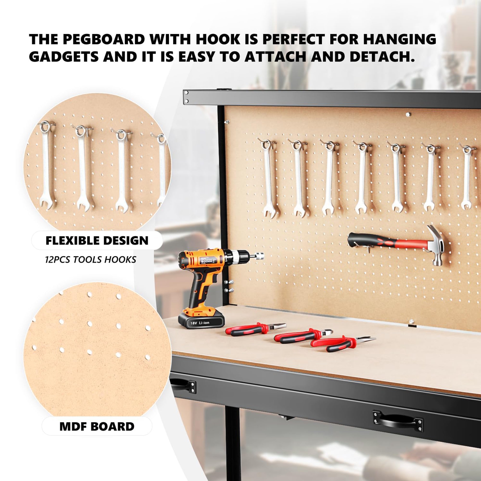 63" Workshop Tool Cabinet & Workbench | Drawers & Pegboard Storage