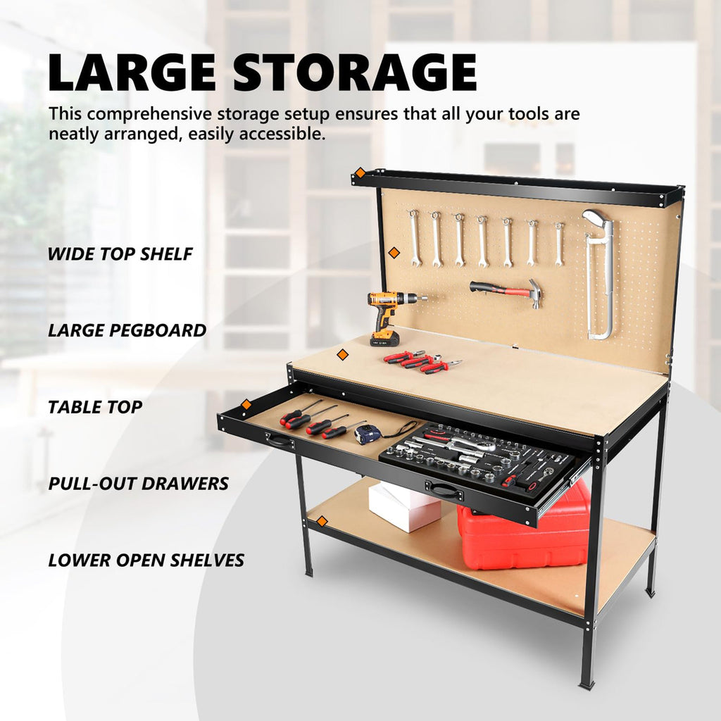63" Workshop Tool Cabinet & Workbench | Drawers & Pegboard Storage